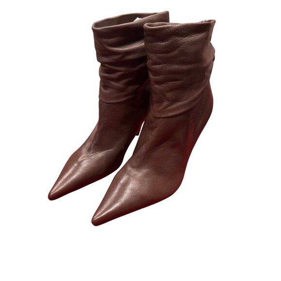 BCBGirls Brown Leather Pointed Toe Slouchy Ankle Boots Stiletto Heel Size 5.5 - Picture 1 of 8